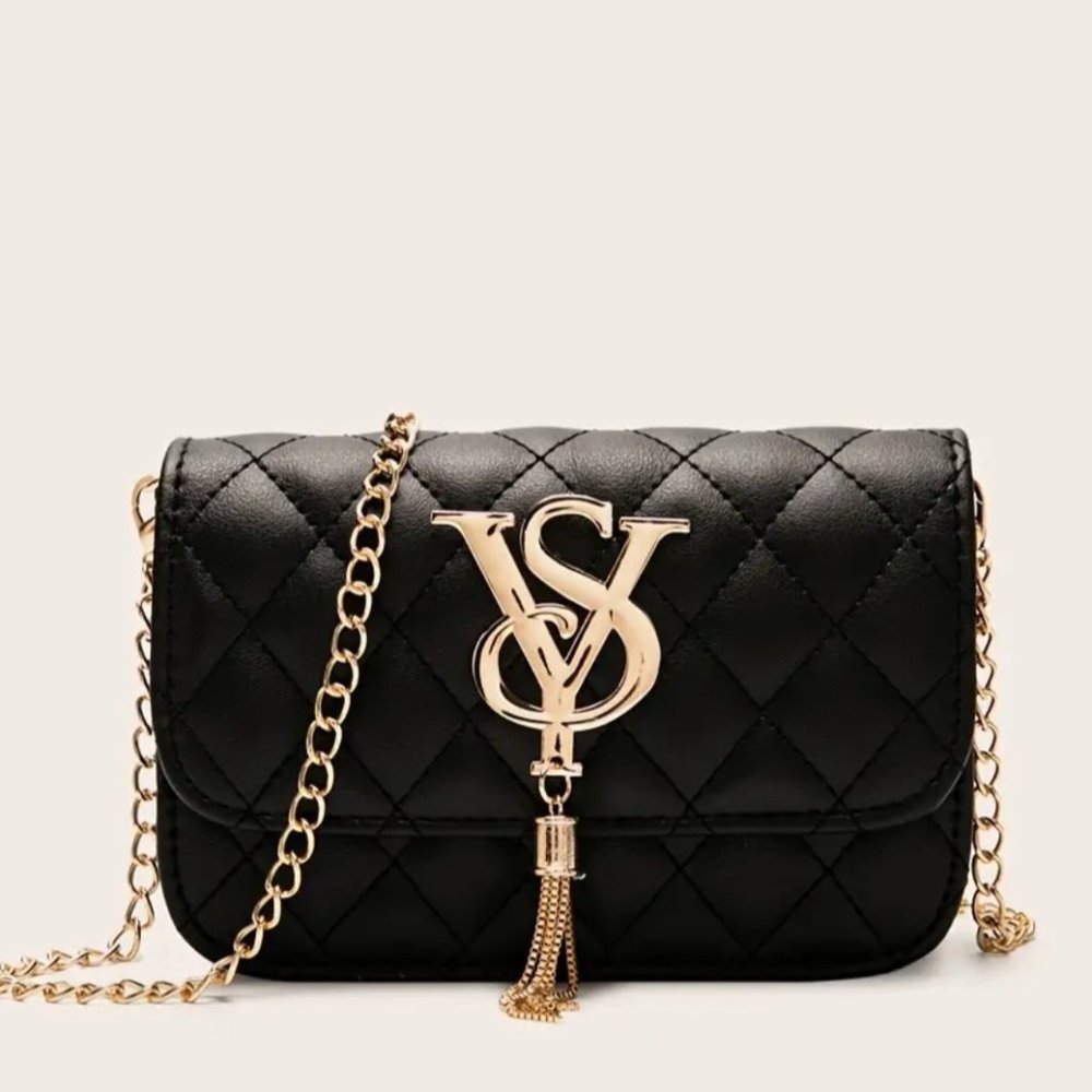 Argyle Quilted Chain Shoulder Bag, Women's Tassel Decor Flap Purse, Mini PU Leat
